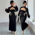 Exportaccessible luxury styleplus size dress skirt mesh long sleeves hollow out chest gold thread embroider waist slimming look fishtail style