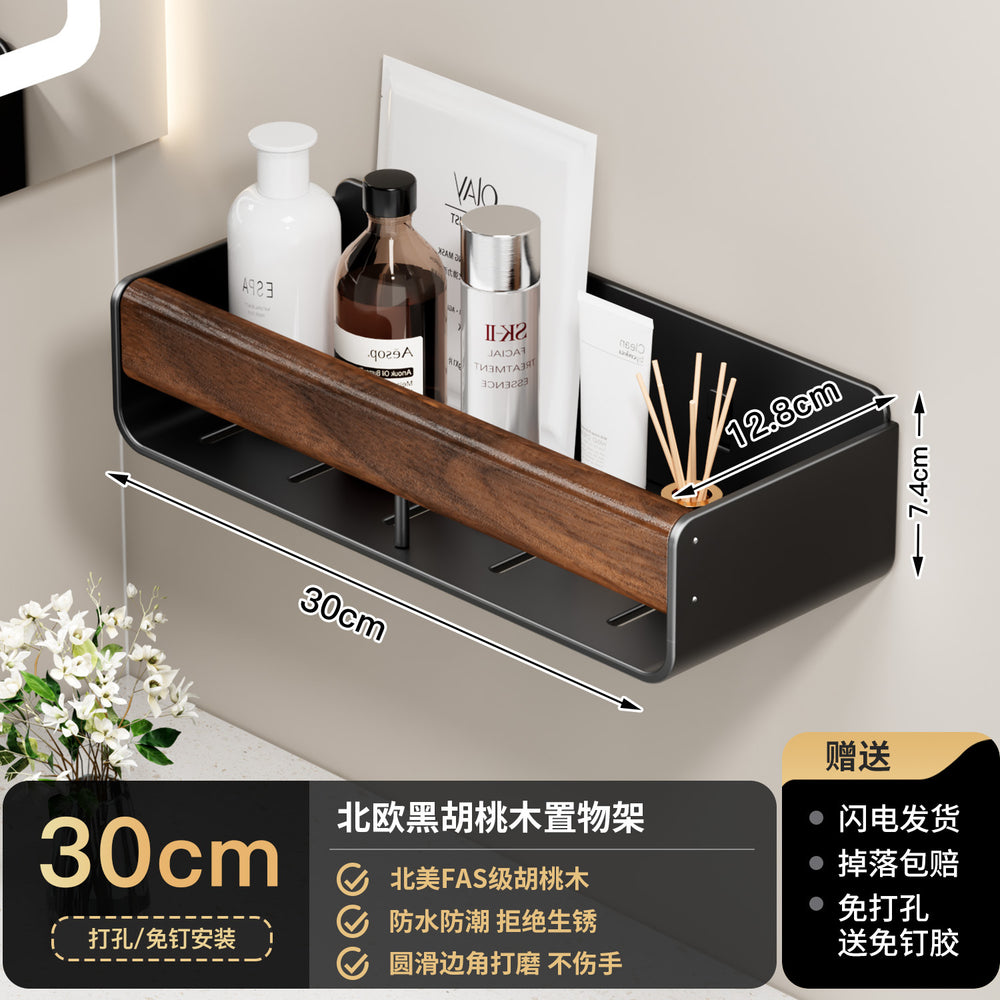 Walnut bathroom storage rack - no drilling required, wall-mounted organizer for vanity, sink, toilet, and bathroom accessories