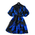 French retro court style heavy embroidery lantern sleeve cinched waist dress - women's summer high-end slimming a-line dress