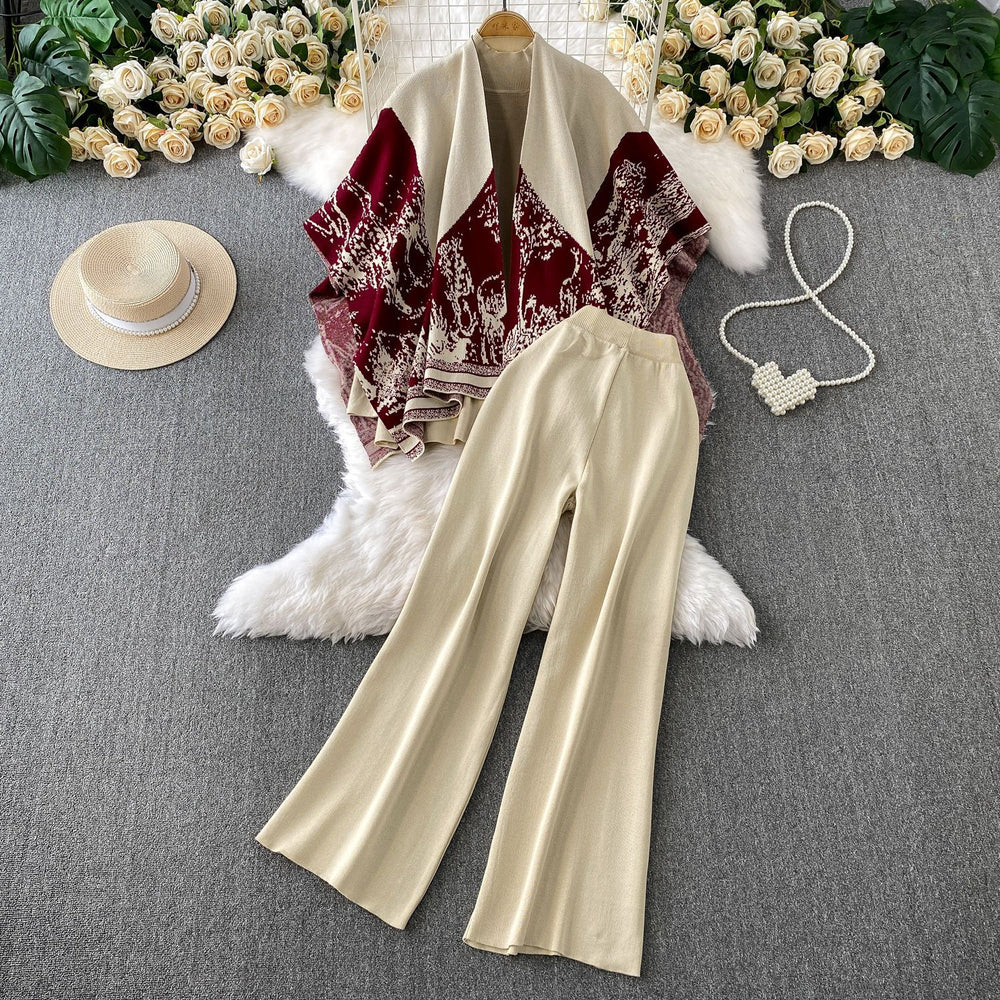 High-end elegant half-high neck sweater + printed knit shawl cardigan + high-waisted slimming pants three-piece set