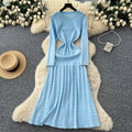 French style beaded round neck long sleeve knitted dress with cutout crochet detail and cinched waist - perfect for layering or as a long sweater dress