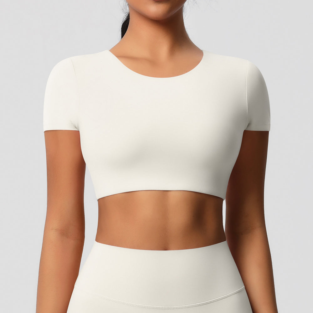 Ready-to-ship, cross-border, double-sided brushed, built-in bra, form-fitting, short-sleeve yoga top, pilates, running, and workout t-shirt for women