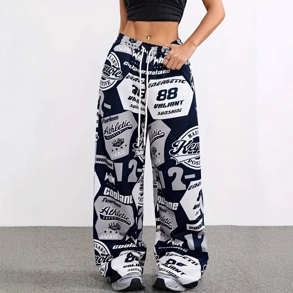 Ready-to-ship  spring/summer european and american women's fashion: new hot girl style pocket streetwear printed loose fit casual pants
