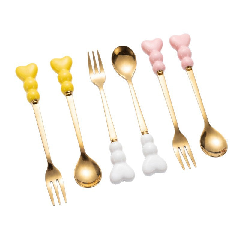 Sweetheart handle dessert fork spoon - girly, precise afternoon tea spoon, high-temperature resistant, thickened ceramic handle fruit fork