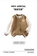 kidsjacketfall and winterheattechthickenedkhaki colorbearembroidercasualcutegirl baseball uniformoutwear
