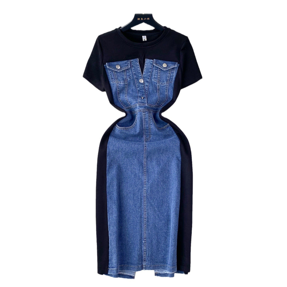 new trendy round neck short sleeve patchwork denim dress - women's high-end slim fit faux two-piece maxi dress