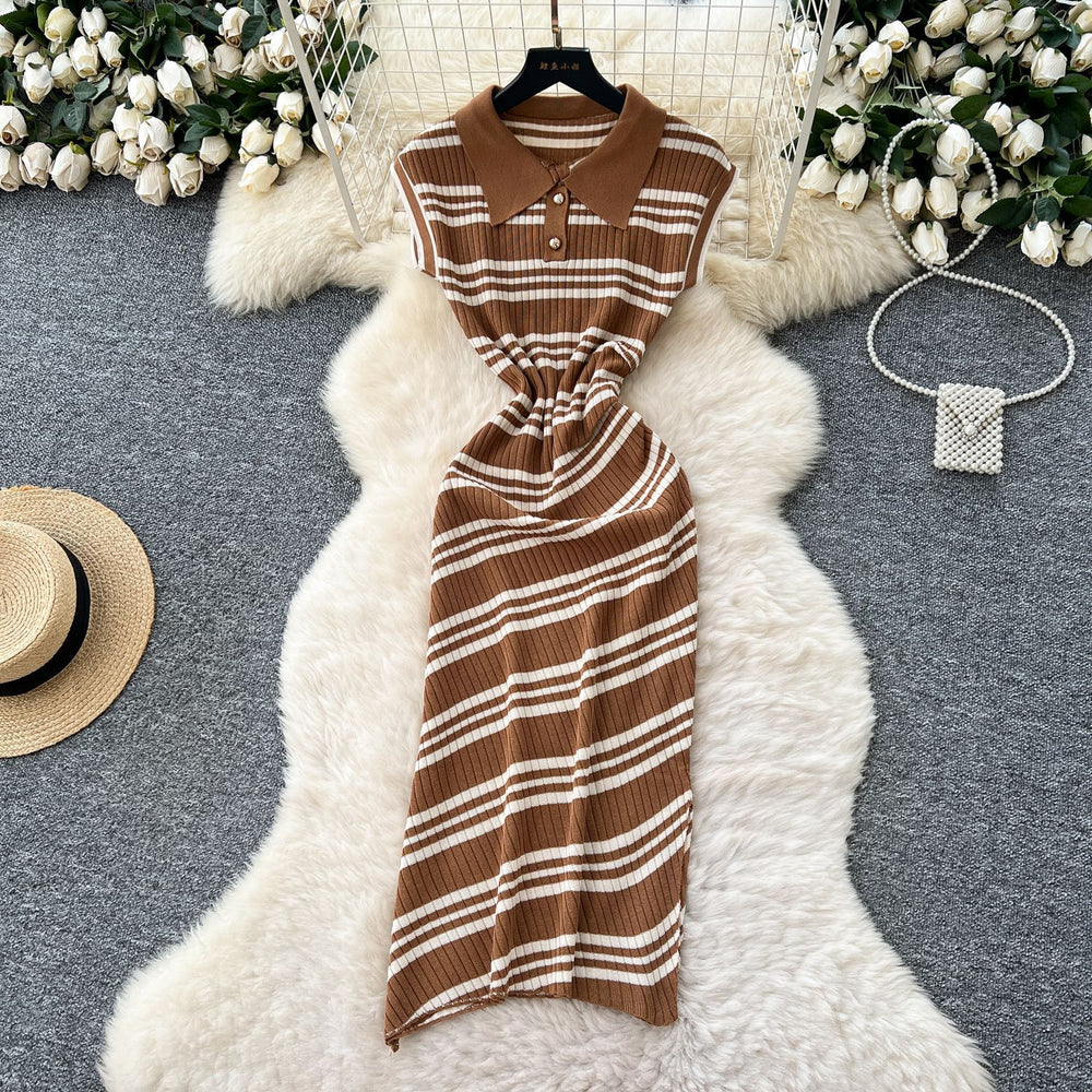 Korean chic summer new arrival: high-end retro polo collar sleeveless fitted bodycon knit dress with diagonal stripes