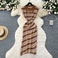 Korean chic summer new arrival: high-end retro polo collar sleeveless fitted bodycon knit dress with diagonal stripes