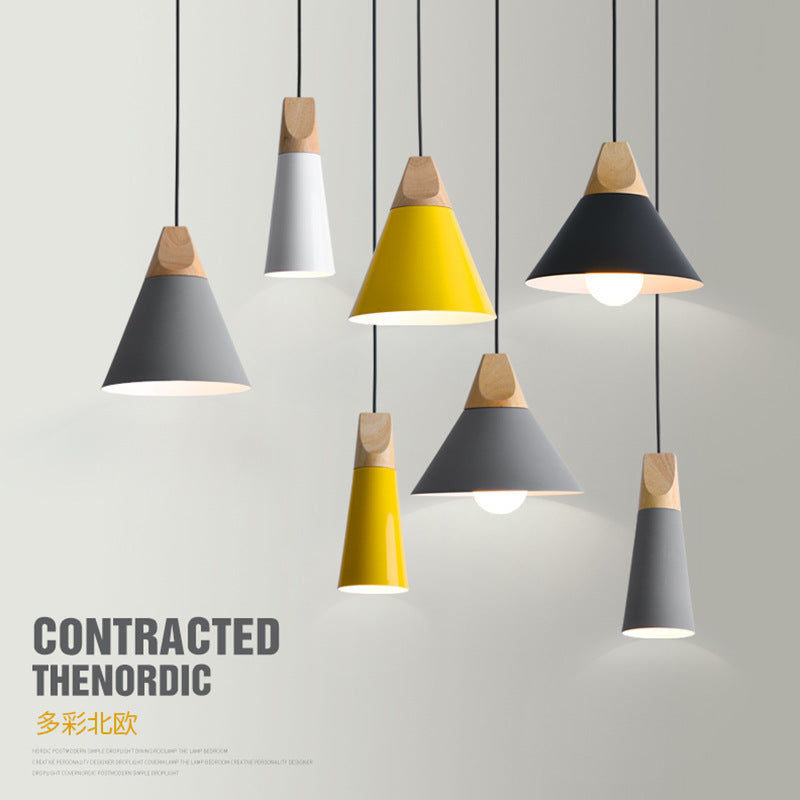 2021 new Nordic Macaron wrought iron small chandelier wood art restaurant lighting home improvement mini lampshade white lighting