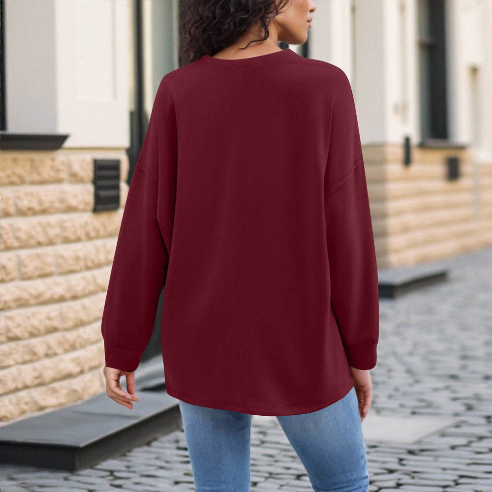 cross-border new women's fashion casual solid color v-neck long sleeve top hoodless sweatshirt