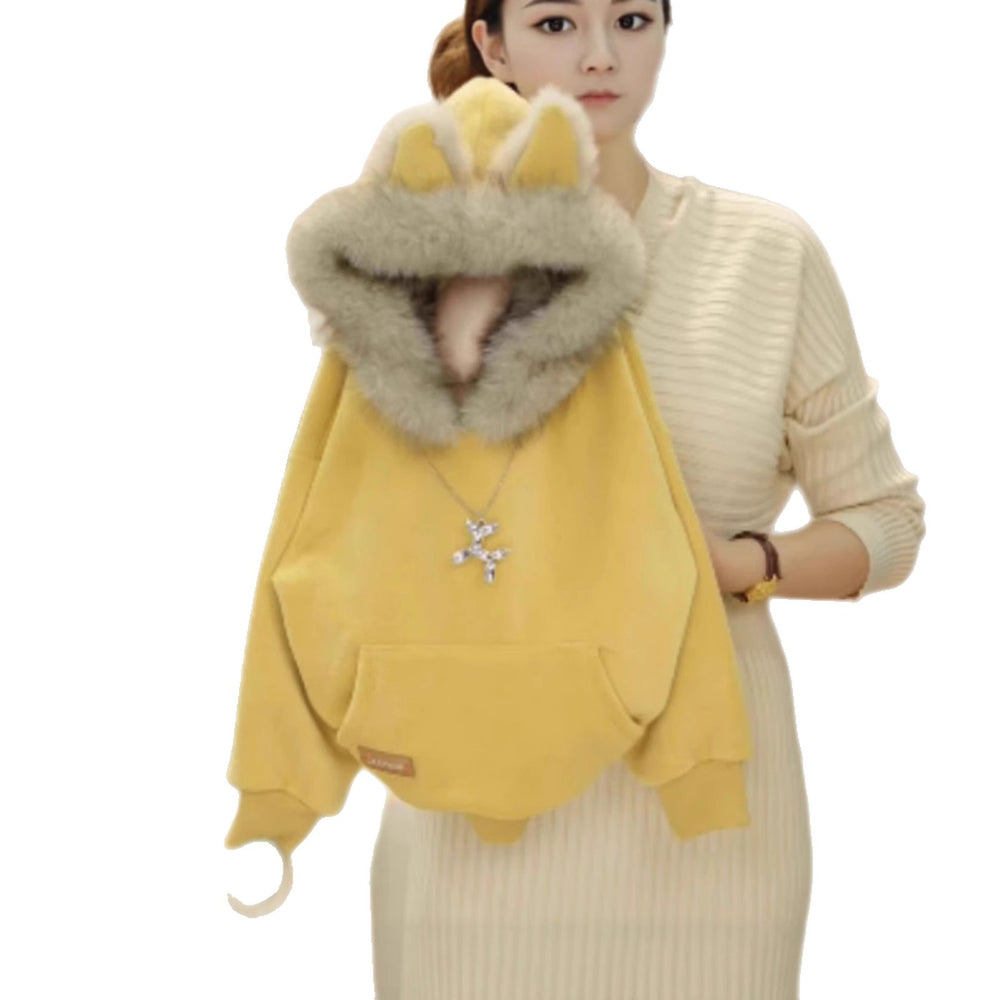mid-to-large children's fox hooded fleece-lined thickened sweatshirt - girls' versatile autumn/winter new style faux fur collar top