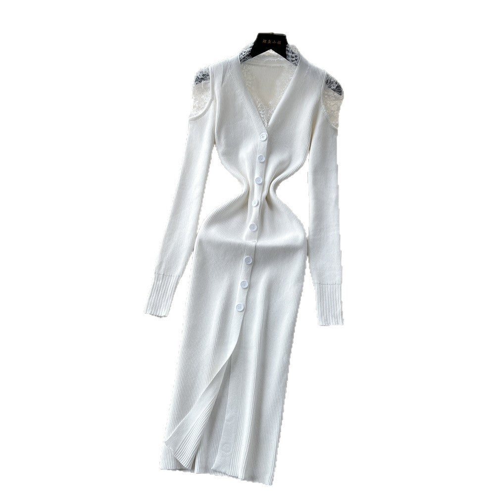 Celebrity niche style goddess style sexyv necklacepatchwork single breasted silmslimming look slit knittingdress female