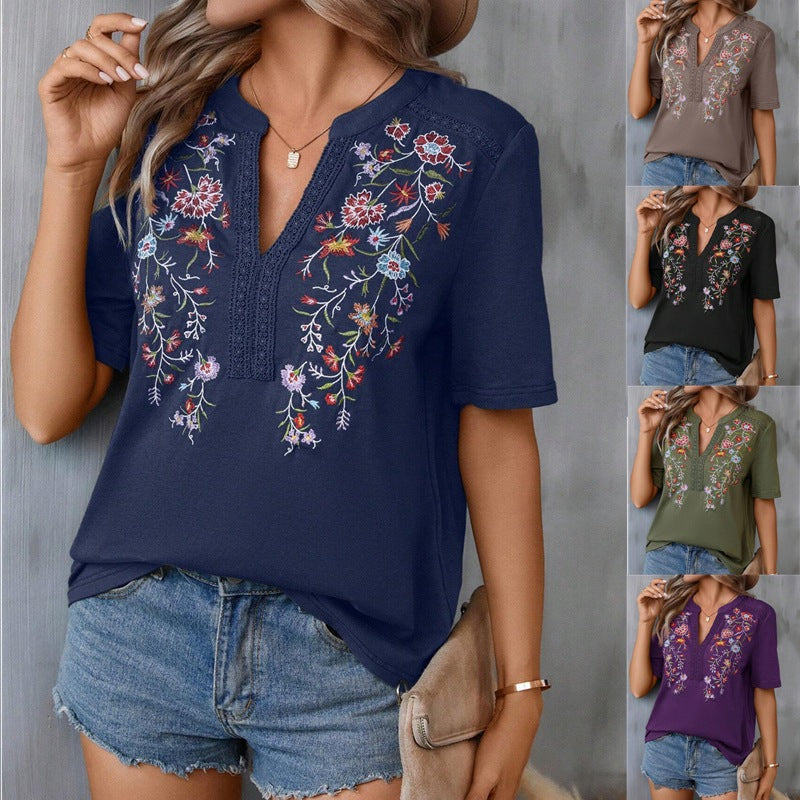 2025 Europe, America,   summer new fashion 10,000-needle embroidered splicing lace lace top women's T