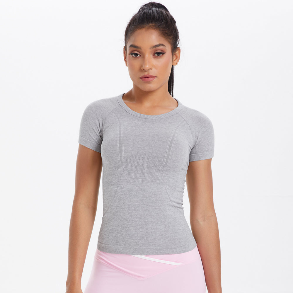 Spring/summer new one-piece knit short-sleeve crew neck sports t-shirt - running, fitness, slim-fit, breathable yoga top for women