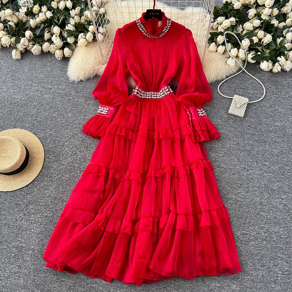 Elegant women's dress  new french style heavily embellished diamond-studded stand collar flared sleeve cinched waist ruffle hem maxi dress
