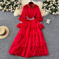 Elegant women's dress  new french style heavily embellished diamond-studded stand collar flared sleeve cinched waist ruffle hem maxi dress