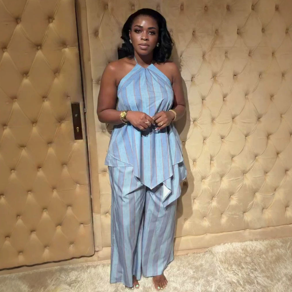 European and american cross-border women's fashion  summer new arrival: elegant halter neck irregular striped sleeveless top and wide-leg pants set