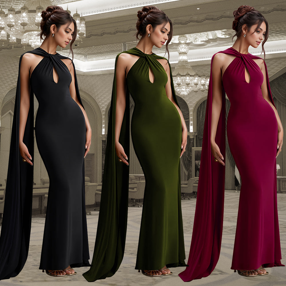C7278 cross-border   fashion women's casual elegant long dress with ribbon detail - solid color