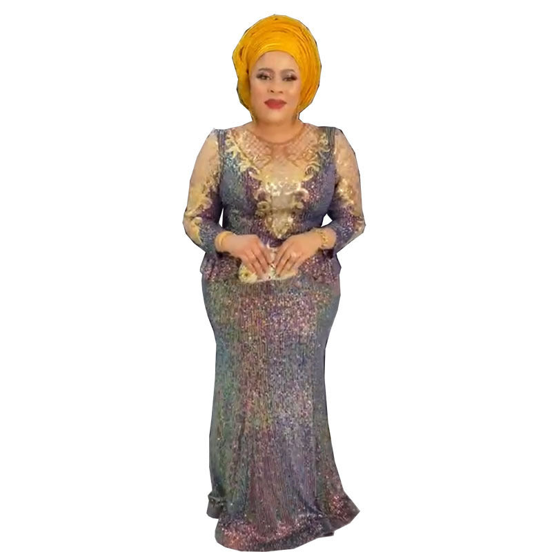 supply elastic sequinembroidered mop long skirt round neck long sleeveselegant evening dress