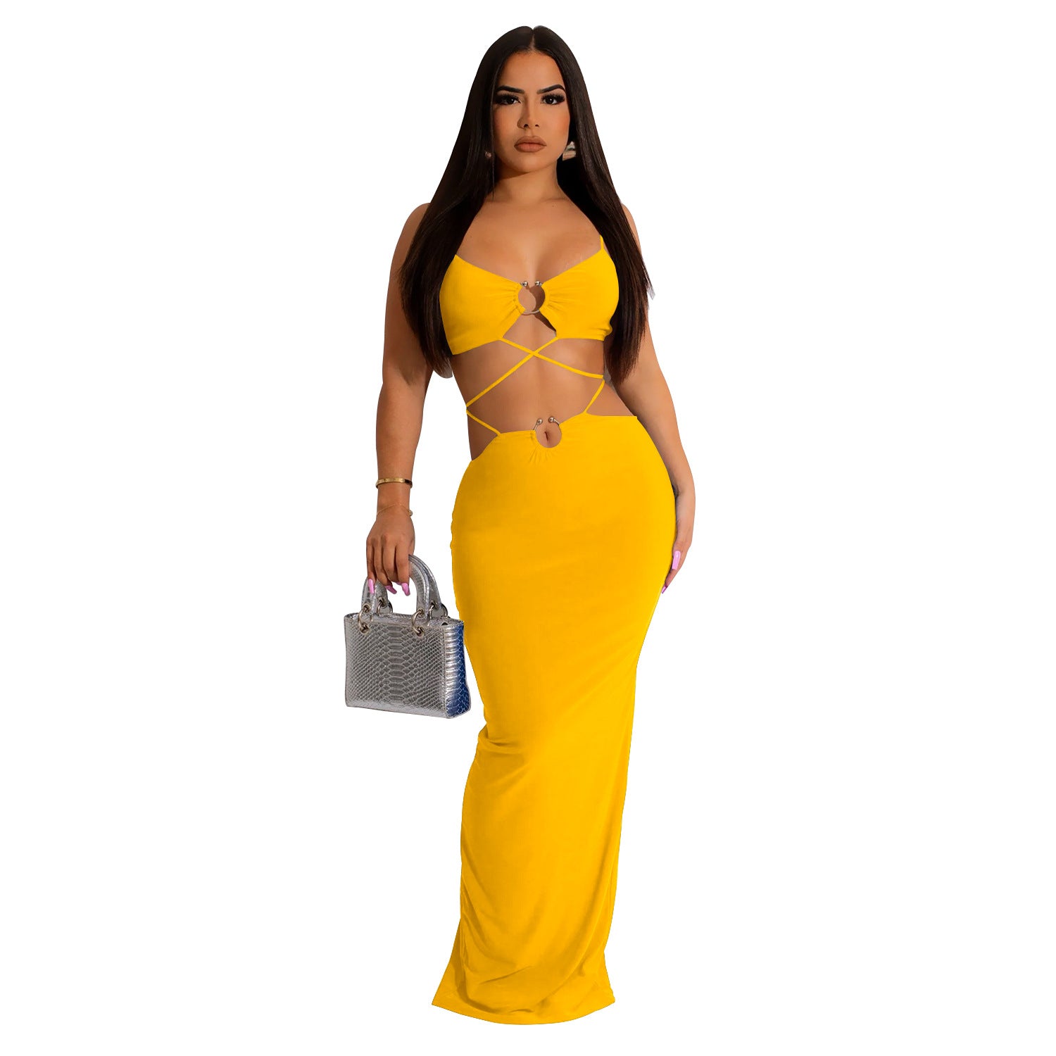 C6309 Cross-border   European and American fashion women's clothing solid color strap iron ring sleeveless long dress dress
