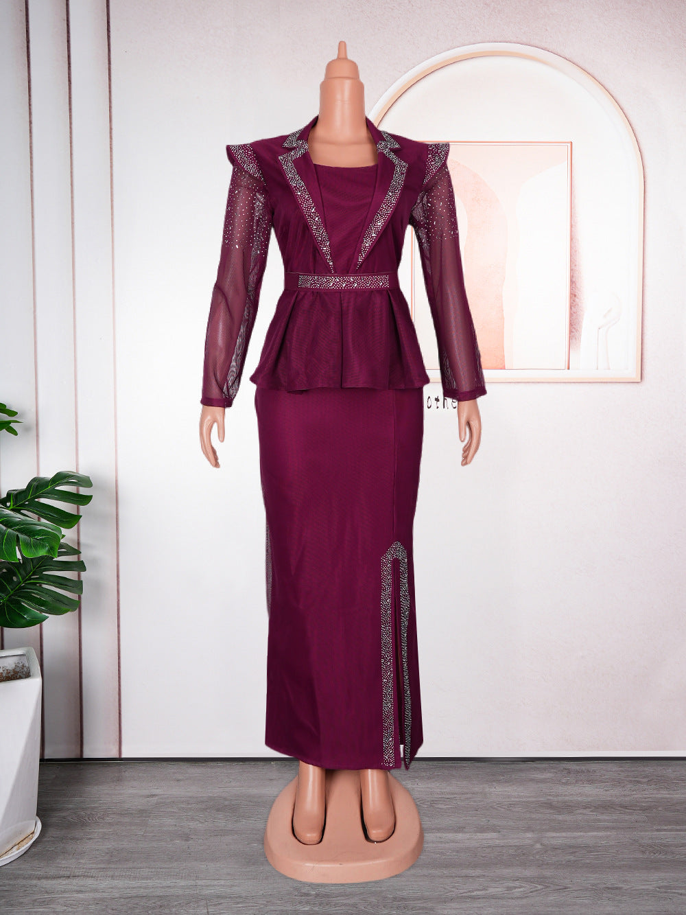 Fashion cross-border foreign trade mesh hot diamond elegant professional women's clothing plus size  african fake two-piece set dress