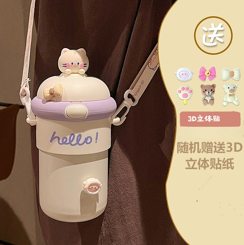 Cartoon bouncing glass cup - large capacity, portable, high-value design for women, cute strapped mug, promotional gift cup