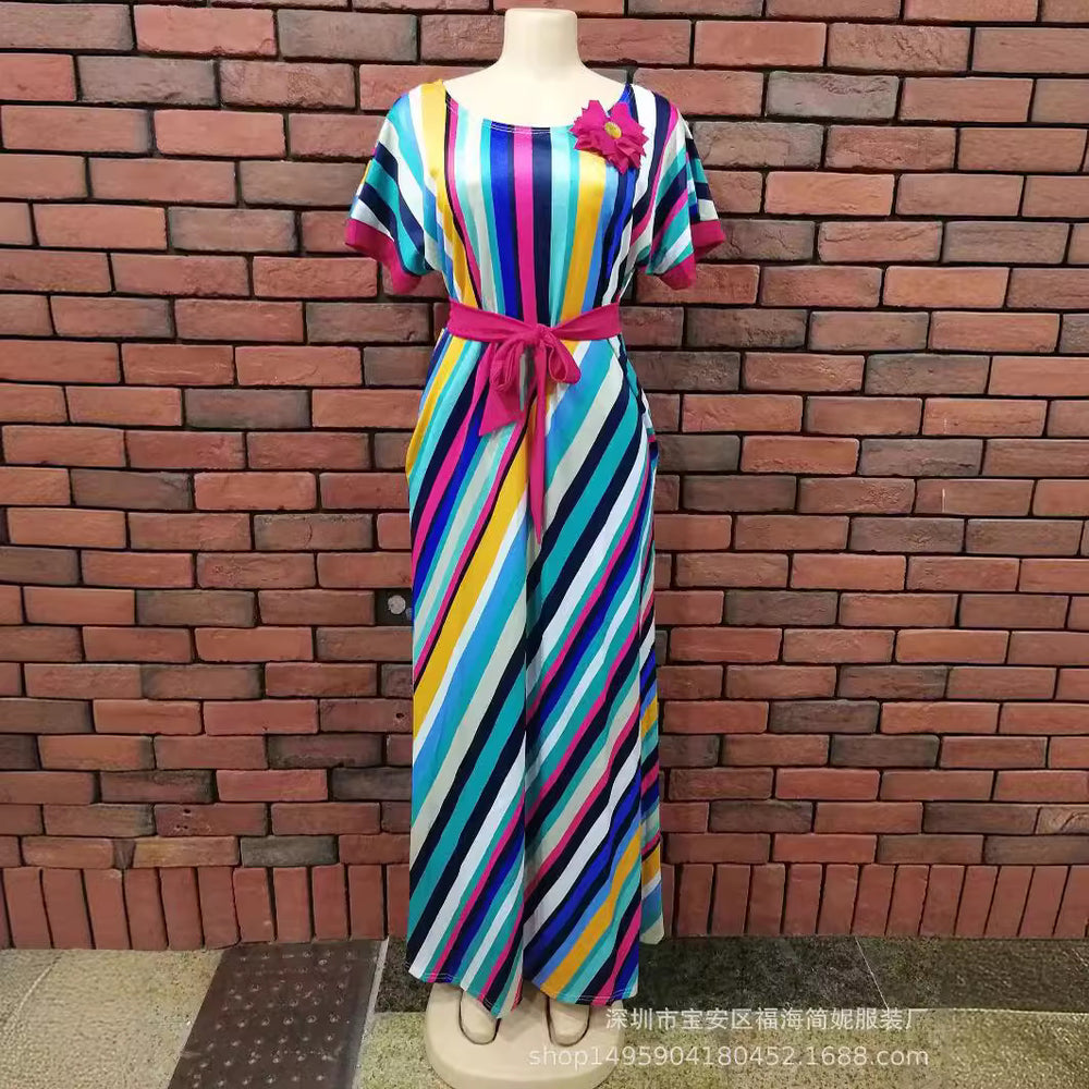 Factory direct export supply: colorful striped batwing sleeve belted maxi dress - clearance sale!