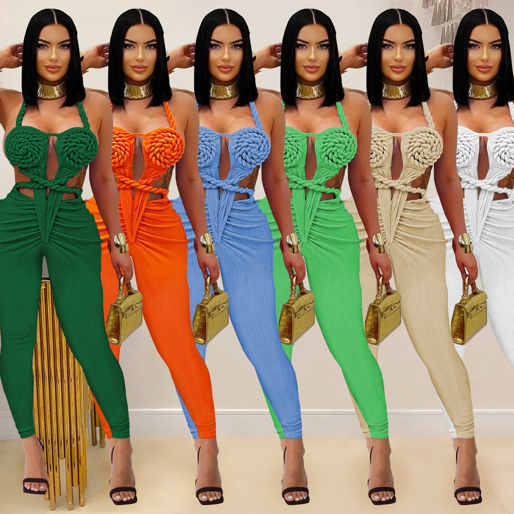 C7489 cross-border   fashion women's casual sexy halter backless solid color jumpsuit
