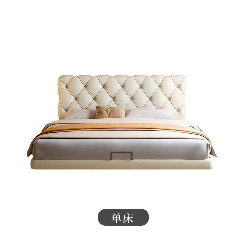 Foshan source factory genuine leather bed master bedroom classyelegant double soft leather bed cream style buckle suspended bed