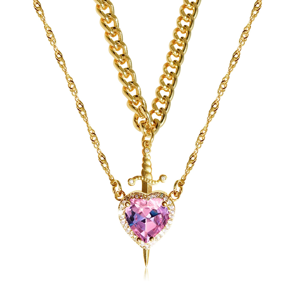 European and american new arrival hot selling pink crystal heart dagger pendant layered necklace french design women's clavicle chain