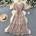 French floral v-neck dress - women's summer  collection: round neck, short sleeve, slim fit, ruffle hem, elegant maxi dress