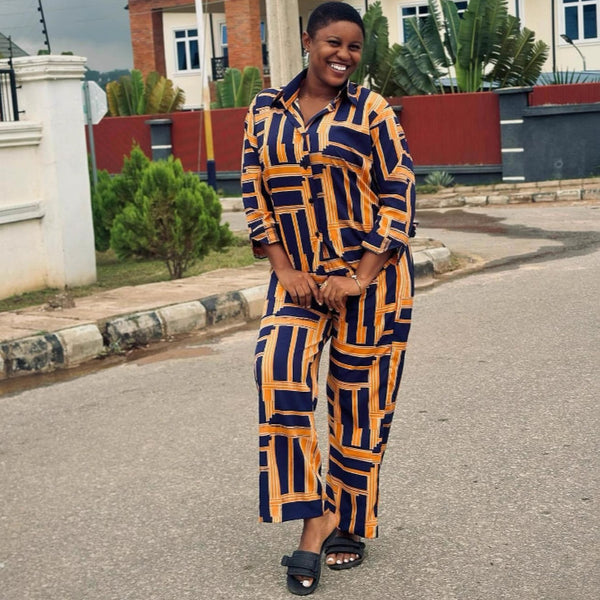 European and American large-size lapel-neck printed cardigan shirt loose casual wide-leg pants African women's clothing foreign fashion suit women