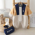 Infant and toddler spring/autumn color-blocked romper, stylish and cute one-piece outfit for baby boys and girls, perfect for outings, a trendy and fashionable crawling suit