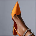 new pointed-toe rhinestone sandals for women, export quality, european and american style, flat heel, size 42, silk satin, open back with buckle closure