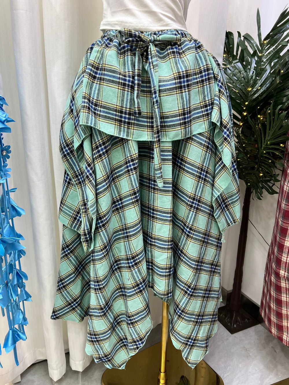 Colorful plaid elastic waistband free sizeasymmetrical hem large hem skirt tie backfashioneasiest for match