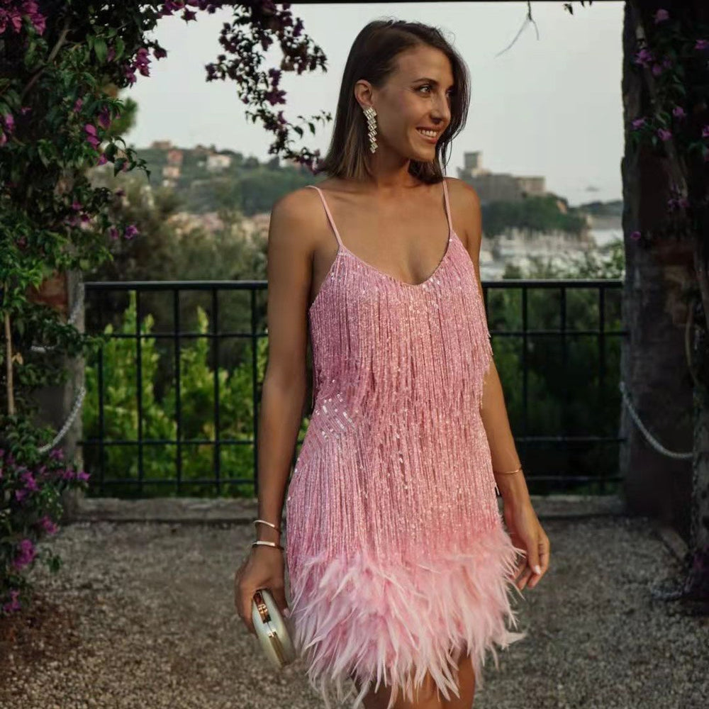 summer new fashion tassel sequin feather patchwork dress -  bestseller, ready to ship for women