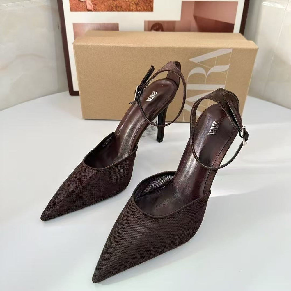 Za's 2025 new women's low-heel elegant court shoes, closed-toe pumps with ankle strap, mesh brown