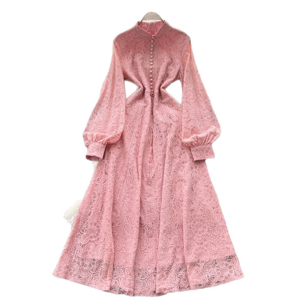 French court style dress - women's autumn 2025 - high-end, single-breasted, waist-cinching, slimming, elegant lace maxi dress