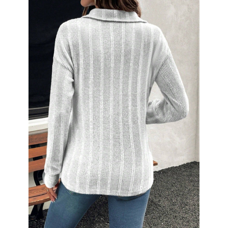 women's cross-border ribbed knit v-neck sweater - stand collar half-open long sleeve casual pullover