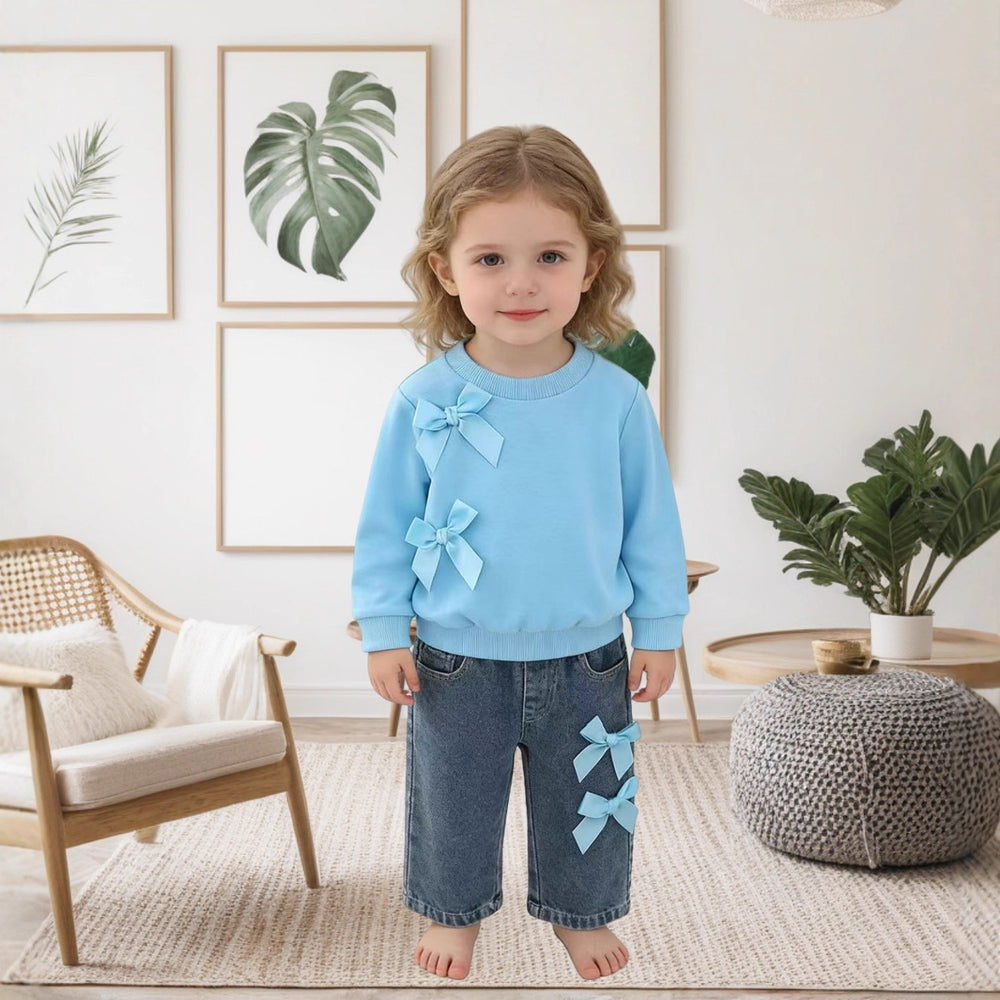 new girls' autumn/winter solid color long-sleeve sweatshirt and denim pants two-piece set with bow detail