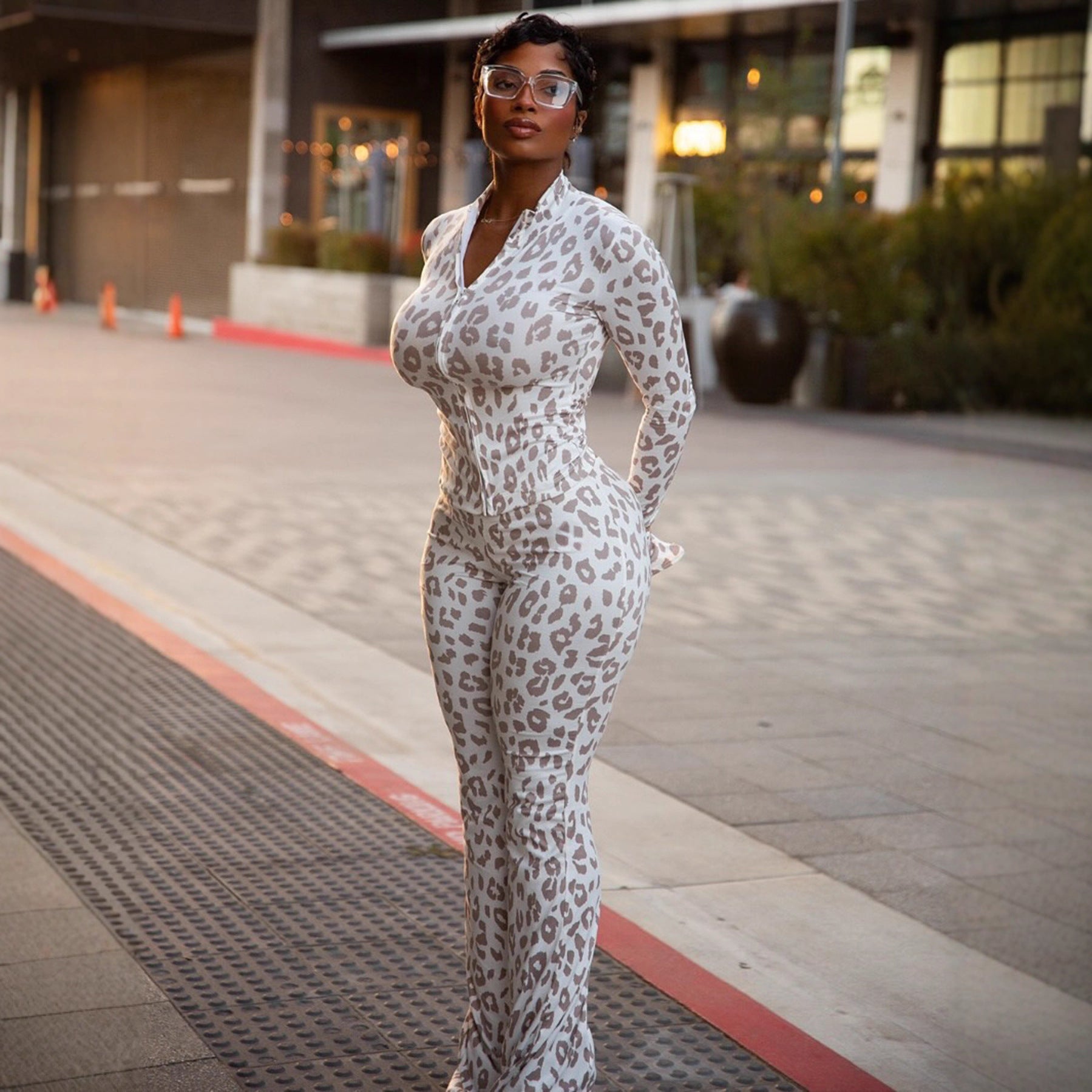 Cross-border European and American style 2025 autumn new suit fashionable spice girl leopard print slim cardigan trousers two-piece set