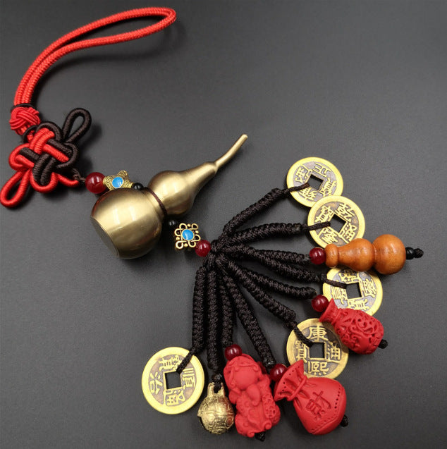 Car pendant chinese knot cinnabar copper gourd perfect car hanging five emperors money key chain mahogany car pendant