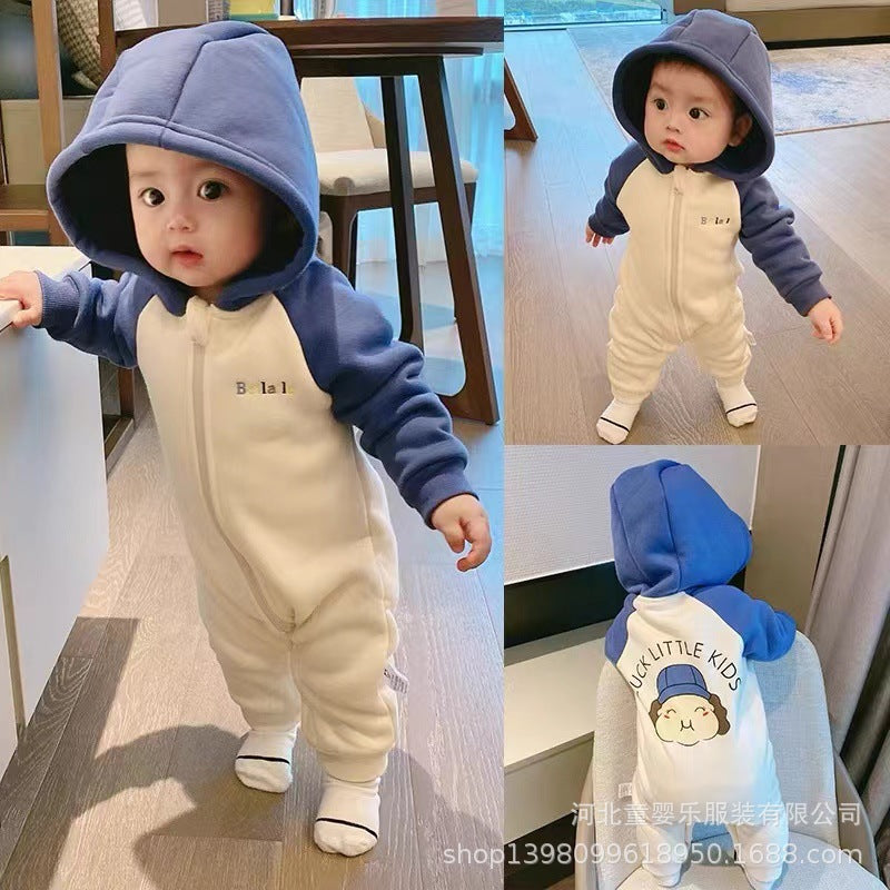 Baby autumn clothes one-piece small maruko raglan sleeves fleece-lined hooded one-piece rompers newborn spring & fall pajamas