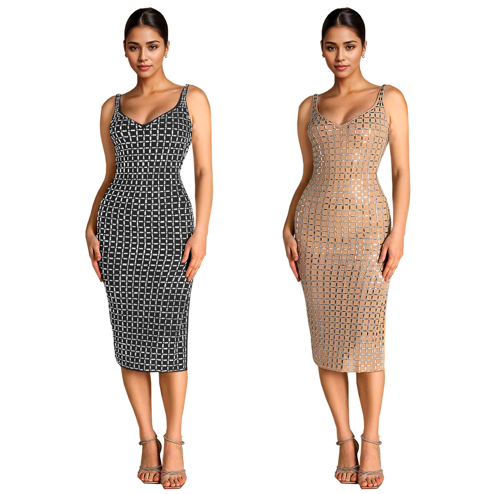 C7219 cross-border   fashion women's sexy backless rhinestone suspender sleeveless dress