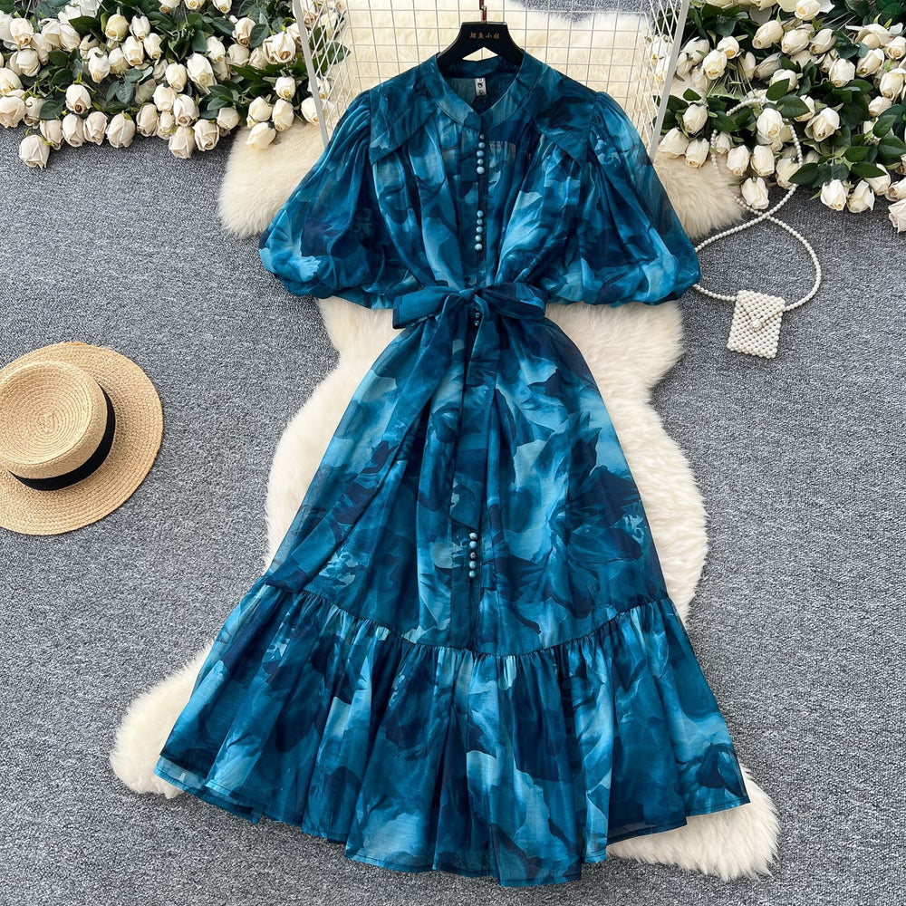 Accessible luxuryfashion styleclassy senseprinting puff sleevedressfemale summer strap waist royal sisterelegant large swing skirt