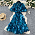 Accessible luxuryfashion styleclassy senseprinting puff sleevedressfemale summer strap waist royal sisterelegant large swing skirt