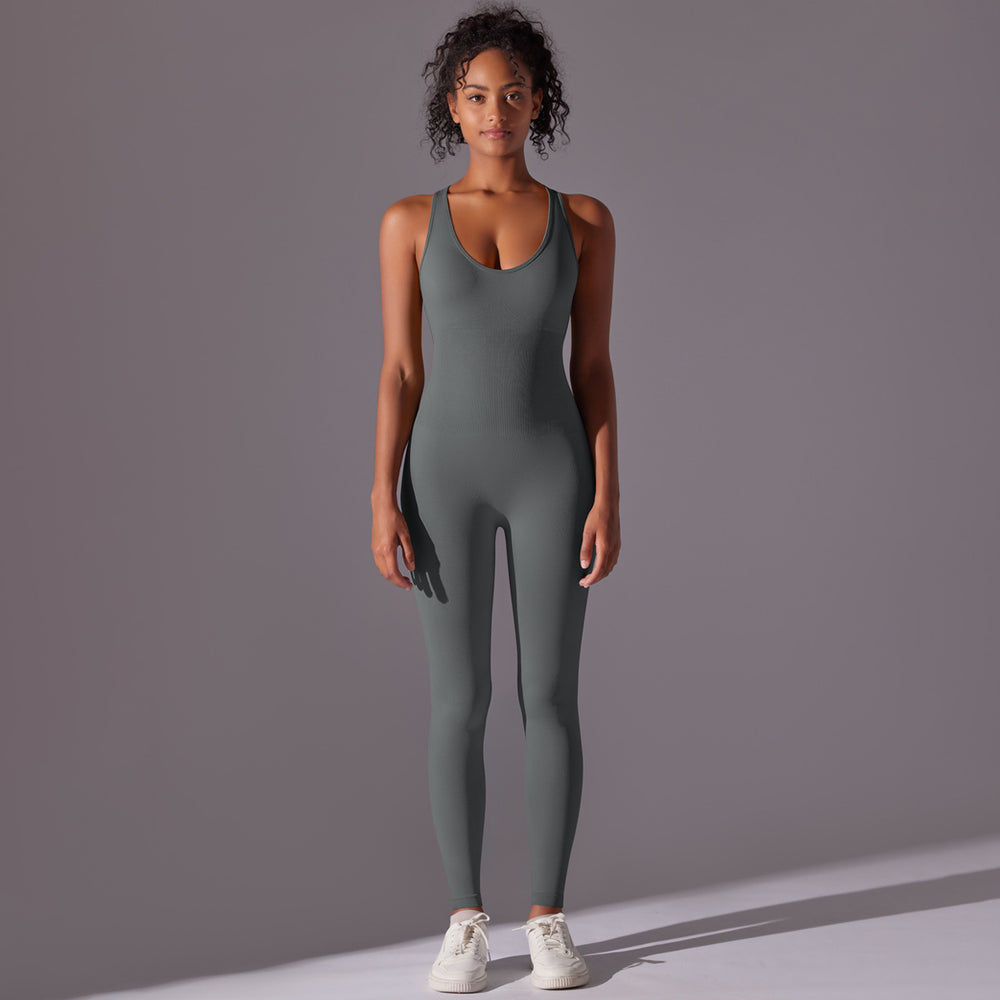 European and american seamless one-piece yoga suit, cutout back design, sports bodysuit, tummy control, tight fit, butt lift, women's fitness jumpsuit