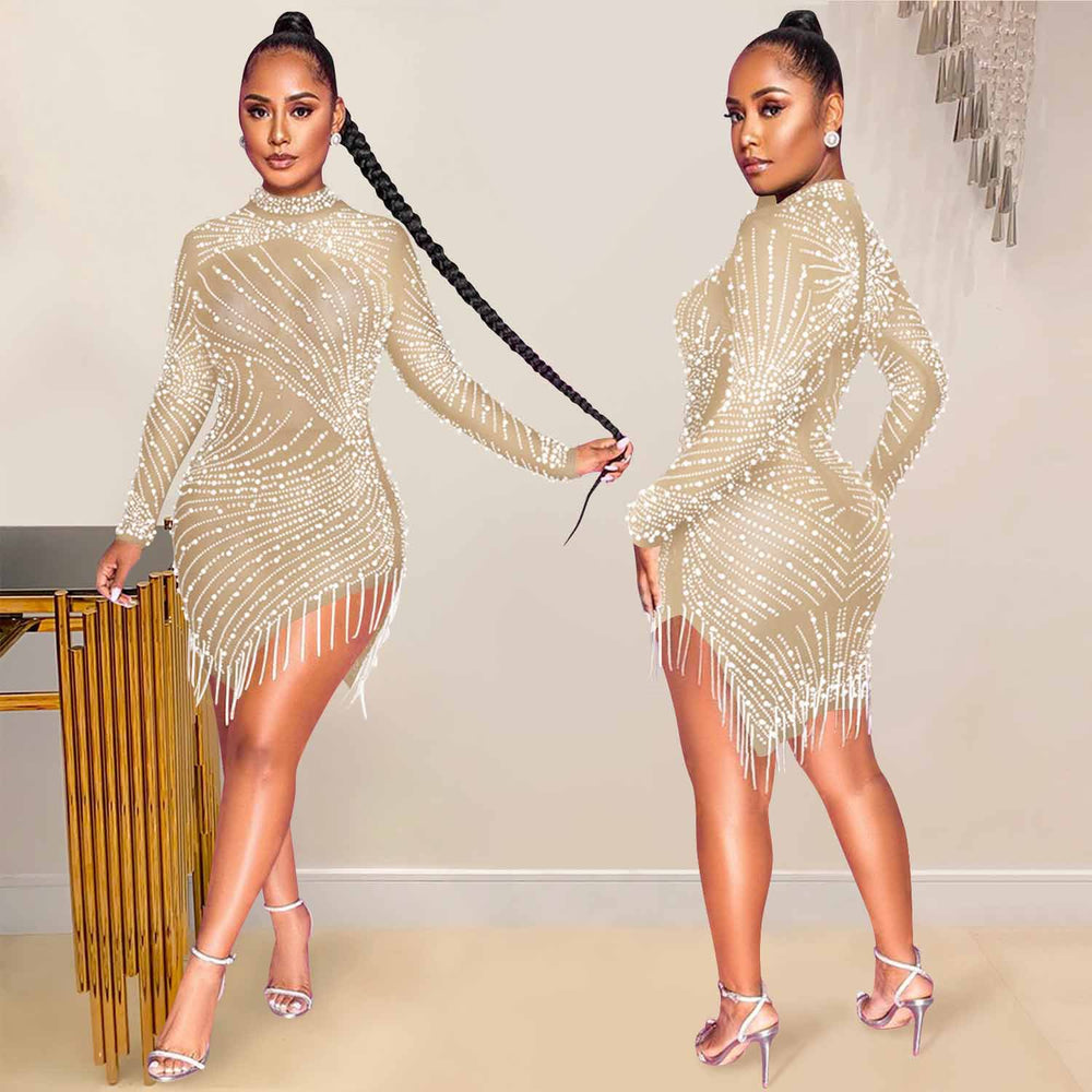 X5216 cross-border new arrival: european & american sexy nightclub mesh see-through rhinestone beaded tassel round neck long sleeve dress