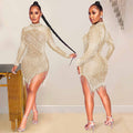 X5216 cross-border new arrival: european & american sexy nightclub mesh see-through rhinestone beaded tassel round neck long sleeve dress