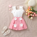 Girls' two-piece set: ruffle-trimmed top + shorts with 3d floral appliqué